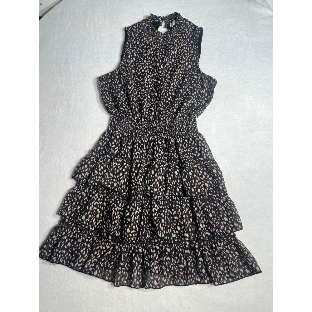 J. GEE Women Black Tan Animal Print Tiered Ruffle Mini Dress Smocked Waist M